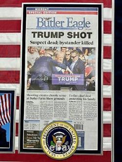 President Donald Trump Autographed USA Flag Framed Butler, PA Newspaper JSA