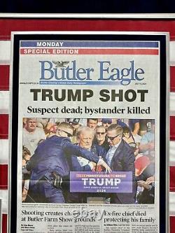 President Donald Trump Autographed USA Flag Framed Butler, PA Newspaper JSA
