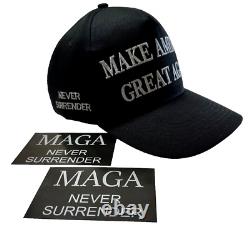 3 Trump. OFFICIEL. Casquettes MAGA sombres. JAMAIS SE RENDRE. + 6 Autocollants. NOUVEAU DESIGN CHAUD.