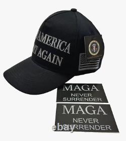 3 Trump. OFFICIEL. Casquettes MAGA sombres. JAMAIS SE RENDRE. + 6 Autocollants. NOUVEAU DESIGN CHAUD.