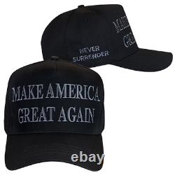 3 Trump. OFFICIEL. Casquettes MAGA sombres. JAMAIS SE RENDRE. + 6 Autocollants. NOUVEAU DESIGN CHAUD.