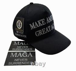 3 Trump. OFFICIEL. Casquettes MAGA sombres. JAMAIS SE RENDRE. + 6 Autocollants. NOUVEAU DESIGN CHAUD.