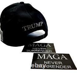 3 Trump. OFFICIEL. Casquettes MAGA sombres. JAMAIS SE RENDRE. + 6 Autocollants. NOUVEAU DESIGN CHAUD.