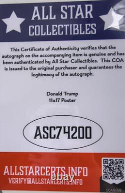Affiche signée 11x17 de Donald Trump avec certificat d'authenticité, 45e Président, Pédophile