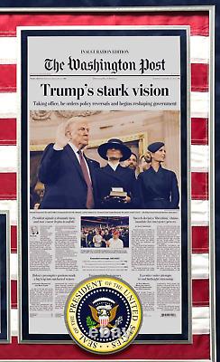 Drapeau des États-Unis encadré signé par Donald Trump pour l'inauguration de 2025 avec le journal WaPo JSA