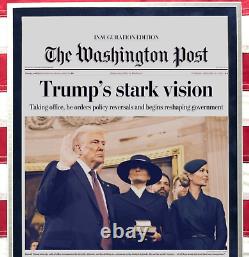 Drapeau des États-Unis encadré signé par Donald Trump pour l'inauguration de 2025 avec le journal WaPo JSA