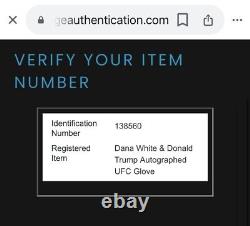 GANT DE UFC AUTOGRAPHIE SIGNÉ PAR LE PRÉSIDENT DONALD TRUMP ET DANA WHITE AVEC CERTIFICAT D'AUTHENTICITÉ RARE