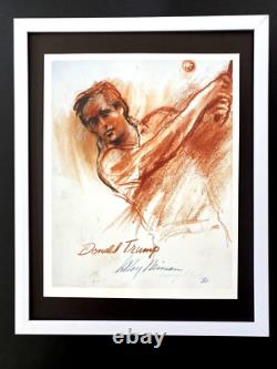 LEROY NEIMAN + DONALD TRUMP + ENVIRON 1986 + ESTAMPILLE SIGNÉE ENCADRÉE 14X11 pouces