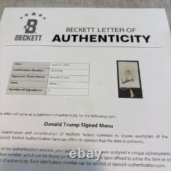 Menu du déjeuner inaugural signé en pleine signature de Donald Trump 2025, certificat Beckett